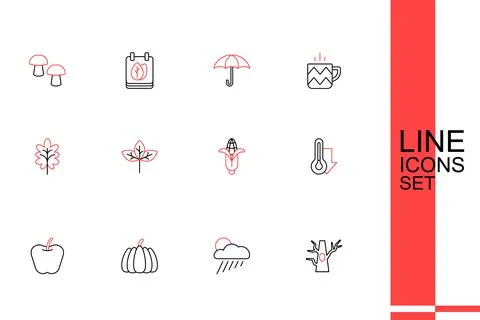 Set line Bare tree, Cloud with rain and sun, Pumpkin, Apple, Thermometer, C.. Stock Illustration