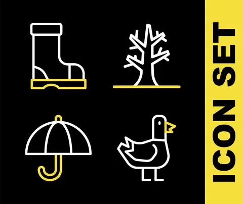Set line Bare tree, Dove, Umbrella and Waterproof rubber boot icon. Vector Stock-Illustration