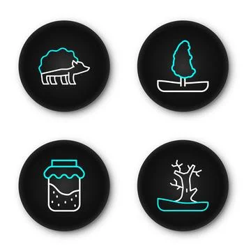 Set line Bare tree, Jam jar, Tree and Hedgehog icon. Vector 스톡 일러스트