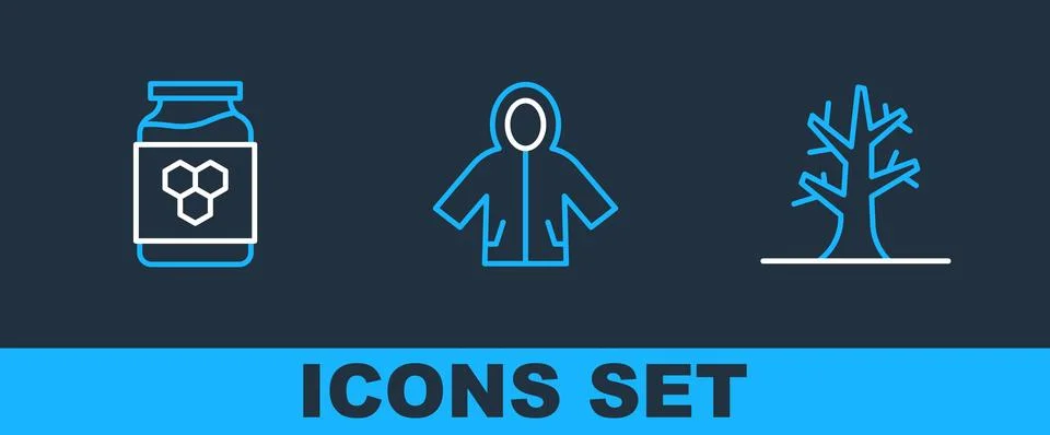 Set line Bare tree, Jar of honey and Raincoat icon. Vector Stock Illustration