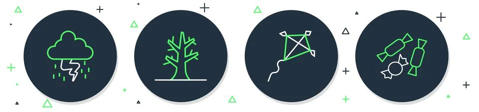 Set line Bare tree, Kite, Storm and Candy icon. Vector Illustrazione stock