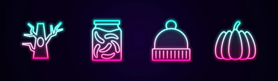 Set line Bare tree, Pickled cucumbers in jar, Winter hat and Pumpkin. Glowing Stock Illustration