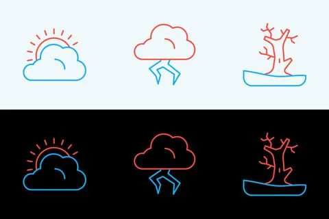 Set line Bare tree, Sun and cloud weather and Storm icon. Vector Stock Illustration