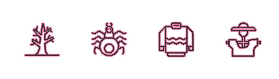 Set line Bare tree, Sweater, Spider and Scarecrow icon. Vector Stock Illustration