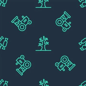 Set line Bare tree, Tractor and Candy on seamless pattern. Vector Stock Illustration