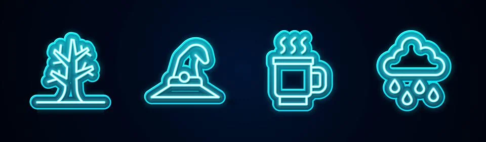 Set line Bare tree, Witch hat, Cup of tea and Cloud with rain. Glowing neon.. Stock Illustration