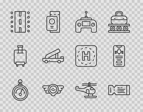 Set line Barometer, Airline ticket, Drone remote control, Aviation emblem Stock Illustration