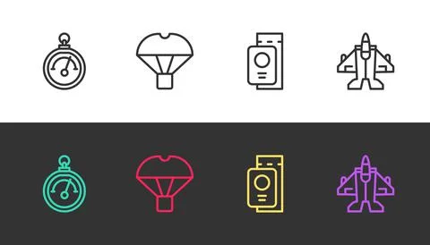 Set line Barometer, Box flying on parachute, Passport with ticket and Jet Stock Illustration