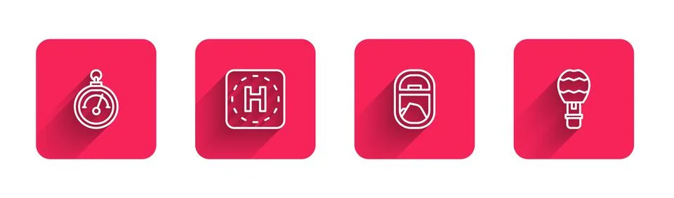 Set line Barometer, Helicopter landing pad, Airplane window and Hot air ballo Stock Illustration