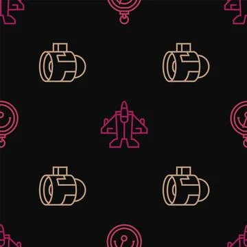 Set line Barometer, Jet engine turbine and fighter on seamless pattern. Vector 스톡 일러스트
