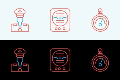Set line Barometer, Pilot and Attitude indicator icon. Vector Stock Illustration