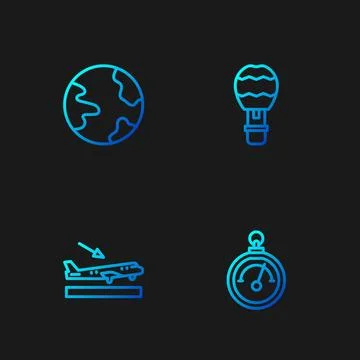 Set line Barometer, Plane landing, Worldwide and Hot air balloon. Gradient .. Illustrazione stock
