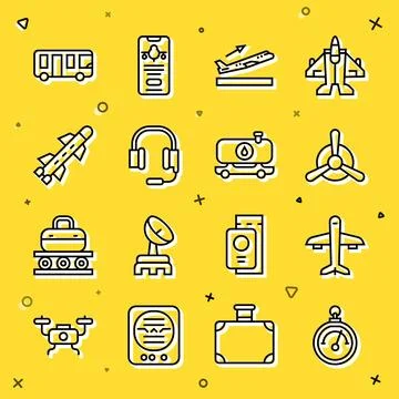 Set line Barometer, Plane, propeller, takeoff, Headphones with microphone, .. Stock Illustration