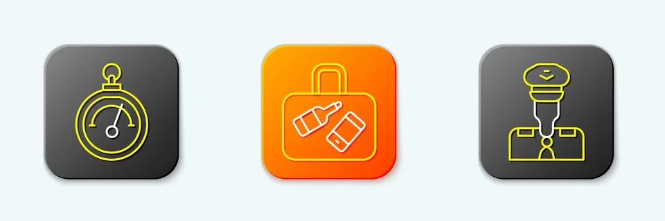 Set line Barometer, Suitcase and Pilot icon. Vector Stock Illustration