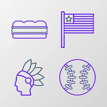 Set line Baseball ball, Native American Indian, flag and Sandwich icon. Vecto Stock Illustration