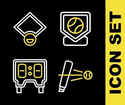 Set line Baseball base, bat with, mechanical scoreboard and field icon. Vecto Stock Illustration