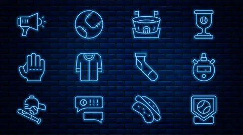 Set line Baseball base, Stopwatch, arena, t-shirt, glove, Megaphone, sock a.. Stock Illustration