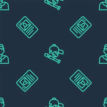 Set line Baseball bat with ball, hat, card and coach on seamless pattern. Vector イラスト素材