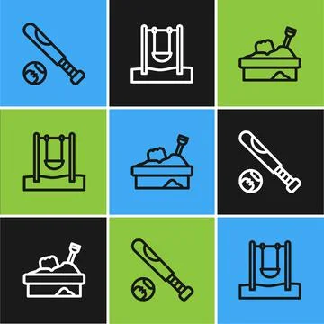 Set line Baseball bat with ball, Sandbox sand and Swing icon. Vector Illustrazione stock