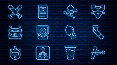 Set line Baseball bat with ball, sock, hat, base, arena, Crossed baseball, glove Stock Illustration