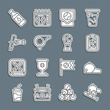 Set line Baseball bat with ball, hat, cap, Planning strategy, base, Whistle Stock Illustration