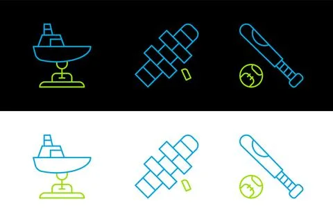 Set line Baseball bat with ball, Swing boat and Hopscotch icon. Vector Illustrazione stock