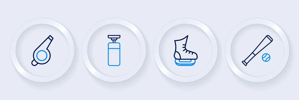 Set line Baseball bat with ball, Skates, Punching bag and Whistle icon. Vecto Stock Illustration