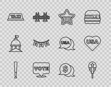 Set line Baseball bat, Balloons, USA Independence day, Vote, Taxi car roof,.. Stock Illustration