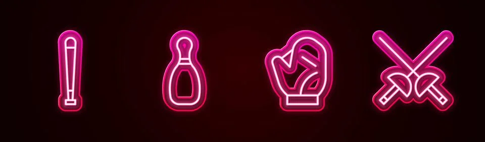 Set line Baseball bat, Bowling pin, glove and Fencing. Glowing neon icon. V.. 스톡 일러스트