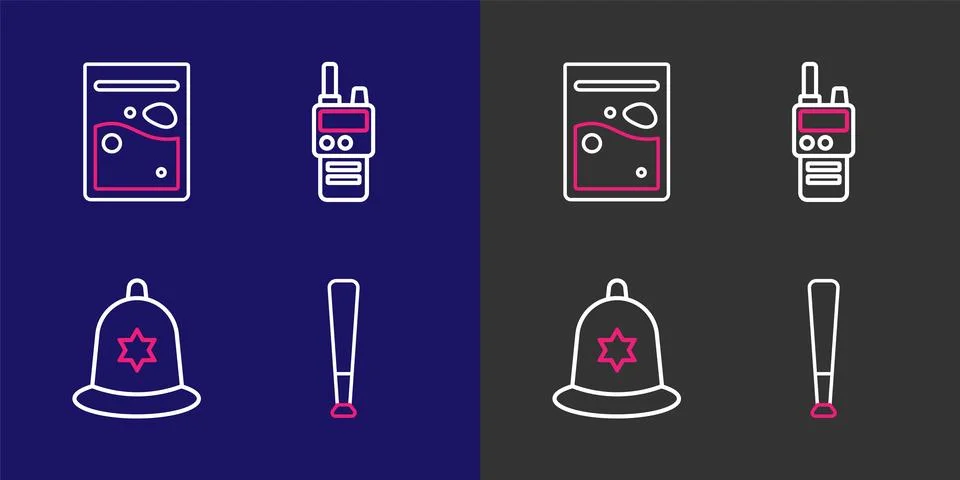 Set line Baseball bat, British police helmet, Walkie talkie and Plastic bag.. Stock Illustration