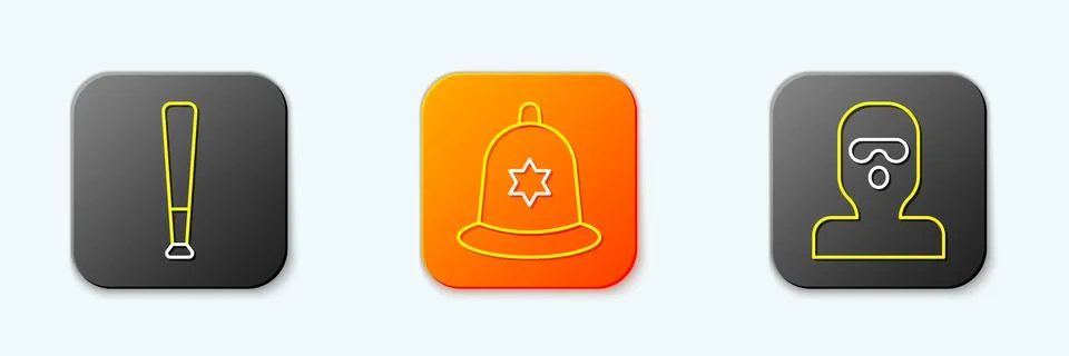Set line Baseball bat, British police helmet and Thief mask icon. Vector Stock Illustration