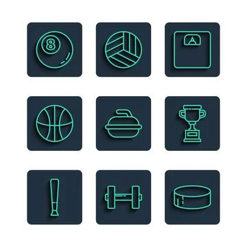Set line Baseball bat Dumbbell Hockey puck Bathroom scales Stone for curling  Stock Illustration