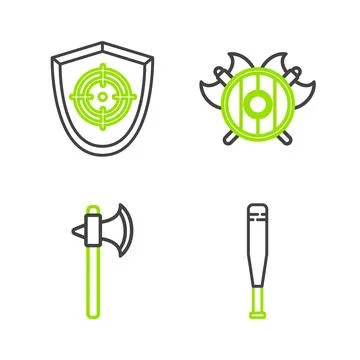 Set line Baseball bat Medieval axe shield with crossed axes and Target sport  Stock Illustration