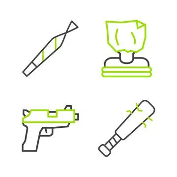 Set line Baseball bat with nails, Pistol or gun, Kidnaping and Marijuana jo.. Stock Illustration