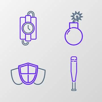 Set line Baseball bat, Shield, Bomb ready to explode and dynamite stick and Stock Illustration