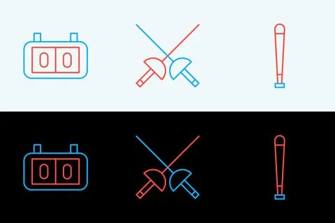 Set line Baseball bat, Sport mechanical scoreboard and Fencing icon. Vector Stock Illustration