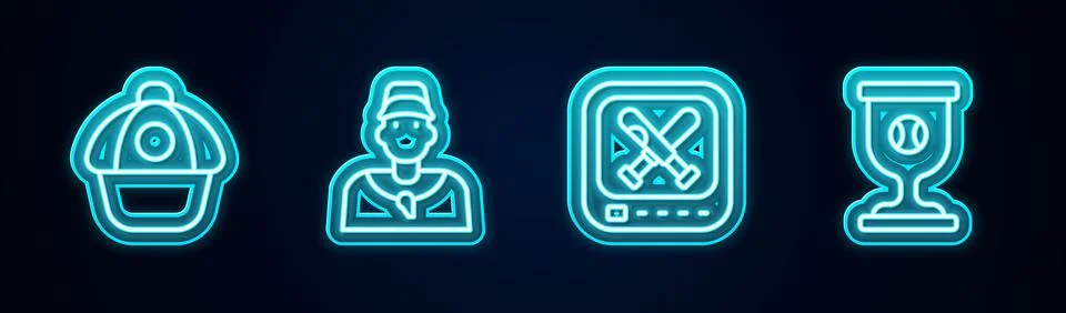 Set line Baseball cap, coach, Monitor with baseball game and Award cup. Glowing Stock Illustration