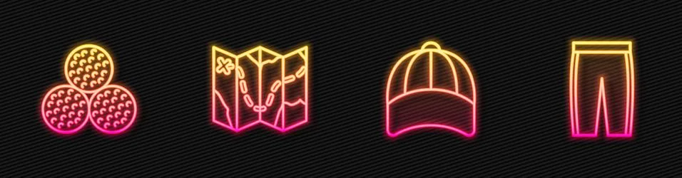 Set line Baseball cap, Golf, course layout and pants. Glowing neon icon. Vector Stockillustratie