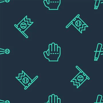 Set line Baseball glove, Flag with baseball and bat on seamless pattern. Vector Illustrazione stock