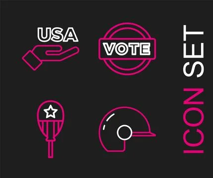 Set line Baseball helmet, Balloons, Vote and USA Independence day icon. Vecto Stock Illustration