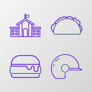 Set line Baseball helmet, Burger, Taco with tortilla and United States Capi.. Ilustración de archivo