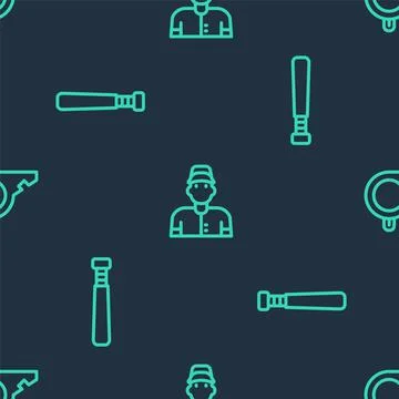 Set line Baseball player, bat and Whistle on seamless pattern. Vector Stock Illustration