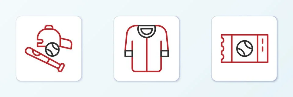Set line Baseball ticket, bat with ball, hat and t-shirt icon. Vector イラスト素材