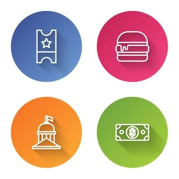 Set line Baseball ticket, Burger, White House and Stacks paper money cash. Color Illustrazione stock