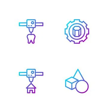 Set line Basic geometric shapes, 3D printer house, tooth and setting. Gradient Illustrazione stock