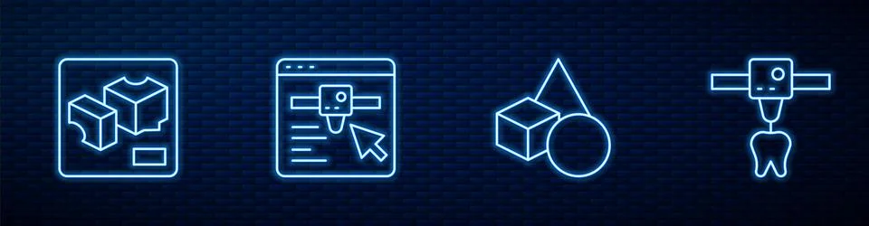 Set line Basic geometric shapes, 3D printer, setting and tooth. Glowing neon Illustrazione stock