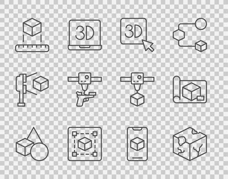 Set line Basic geometric shapes, Isometric cube, 3D printer, Geometric figure Illustrazione stock