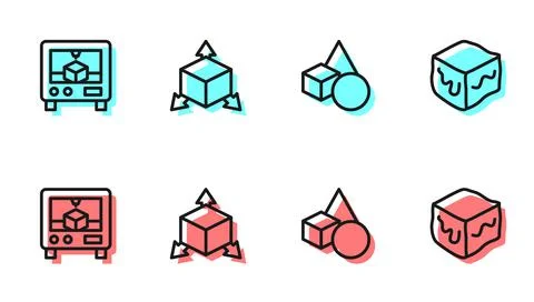 Set line Basic geometric shapes, 3D printer, Isometric cube and icon. Vector Illustrazione stock