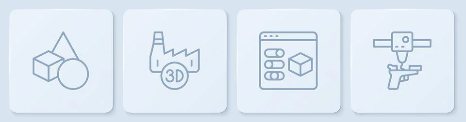 Set line Basic geometric shapes, 3D printer, Printing house industry and gun Stock Illustration