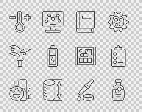 Set line Basic geometric shapes, Medicine bottle and pills, Science book, Height Illustrazione stock